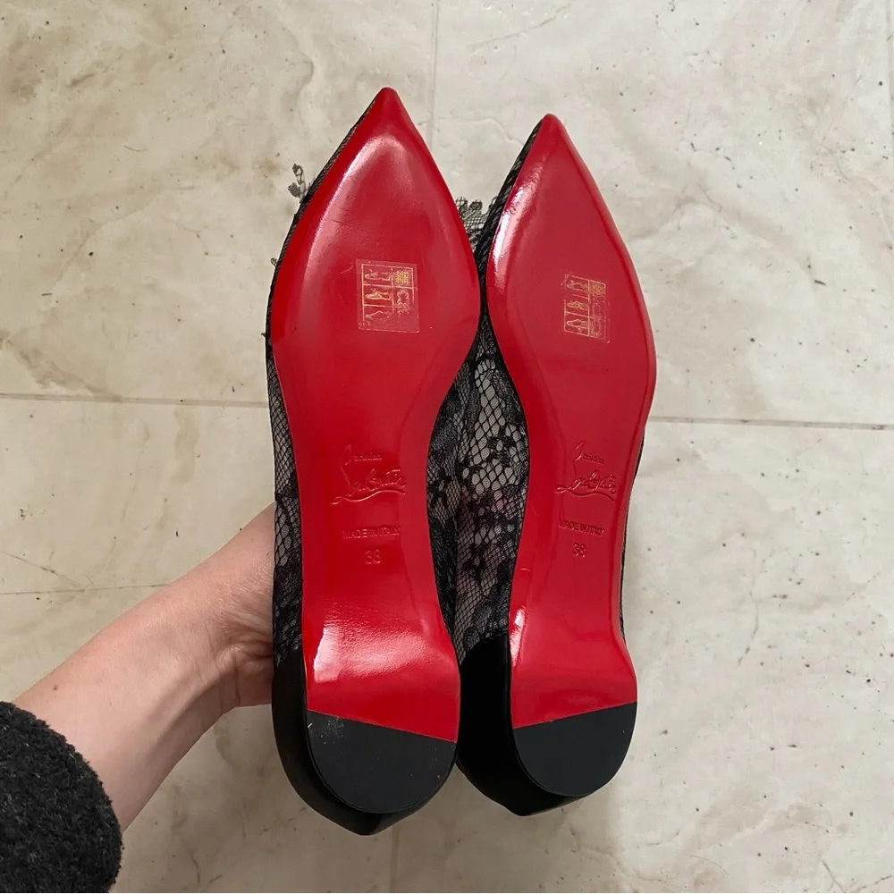 Christian Louboutin Delicatissima Black Satin Lace Pointed Toe Flats Size 8/38
